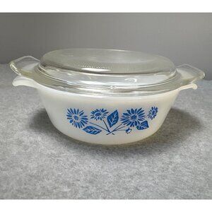 Vintage Anchor Hocking Fire King 12 oz White Glass Baking Dish w/ Lid Blue Flora